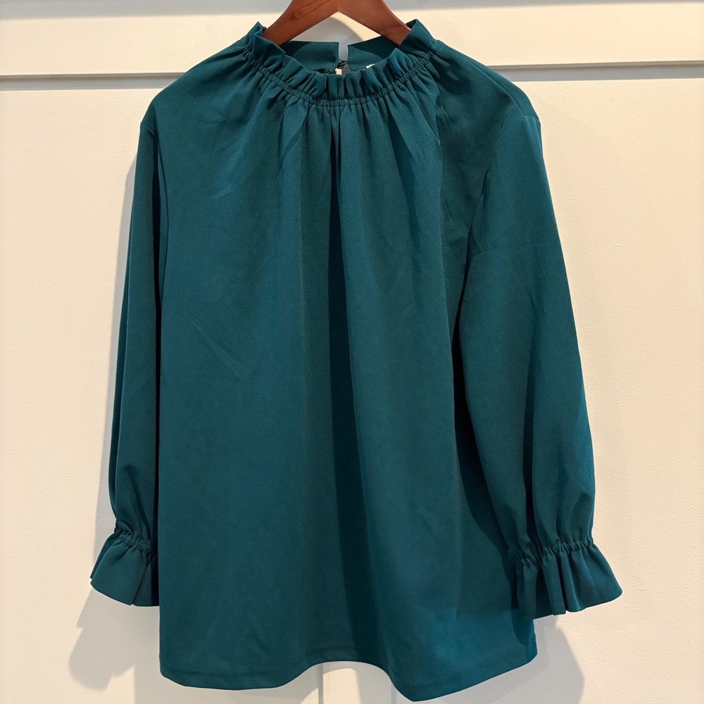 Teal Green Ruffle Mock Neck Blouse Long Sleeve Cottagecore XL - Picture 2 of 11